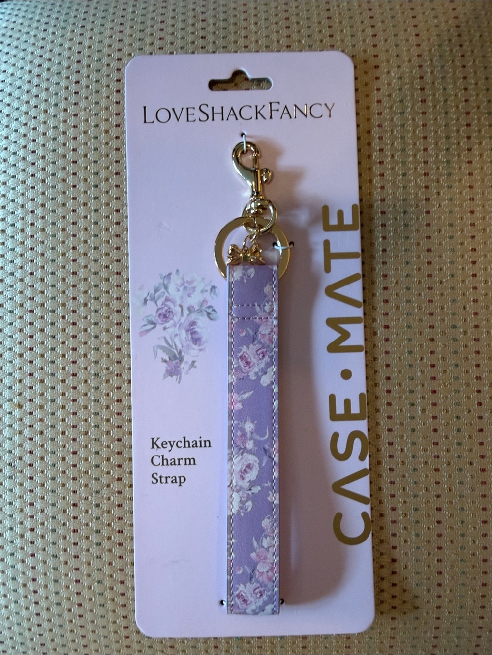 LoveShackFancy Lavender Floral Keychain charm strap with Gold Hardware